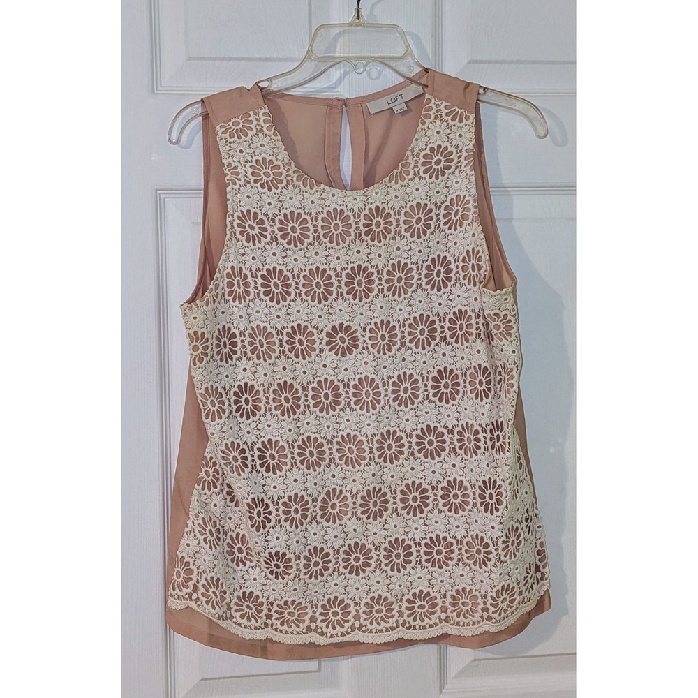 LOFT Floral Lace Sleeveless Blouse Top, Womens Medium, Keyhole Back, Beige NWT